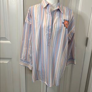 Nautica Blue and White Cuffed Sleeve Blouse with Dress Shirt Collar Size XL